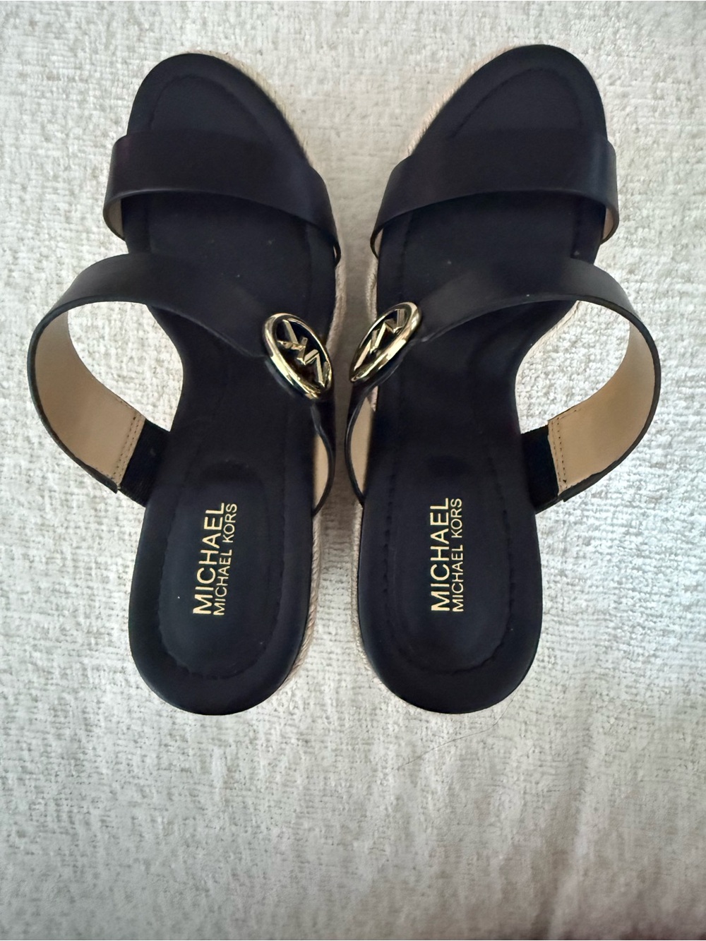 MICHAEL Michael Kors Black Leather Espadrille Wedges with Gold MK Accent - Picture 5 of 7